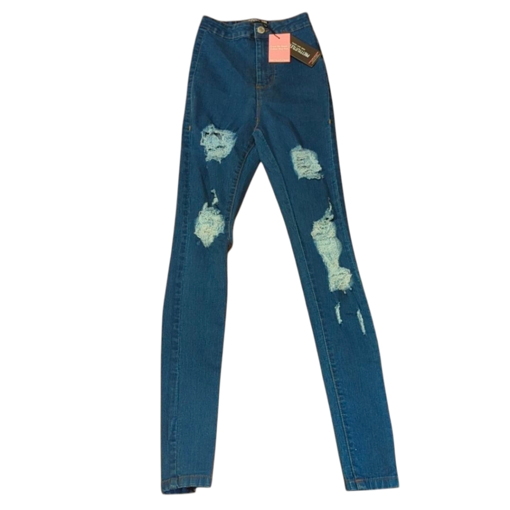PrettyLittleThing Mid Blue Disco Distressed Skinny Jeans Size 0